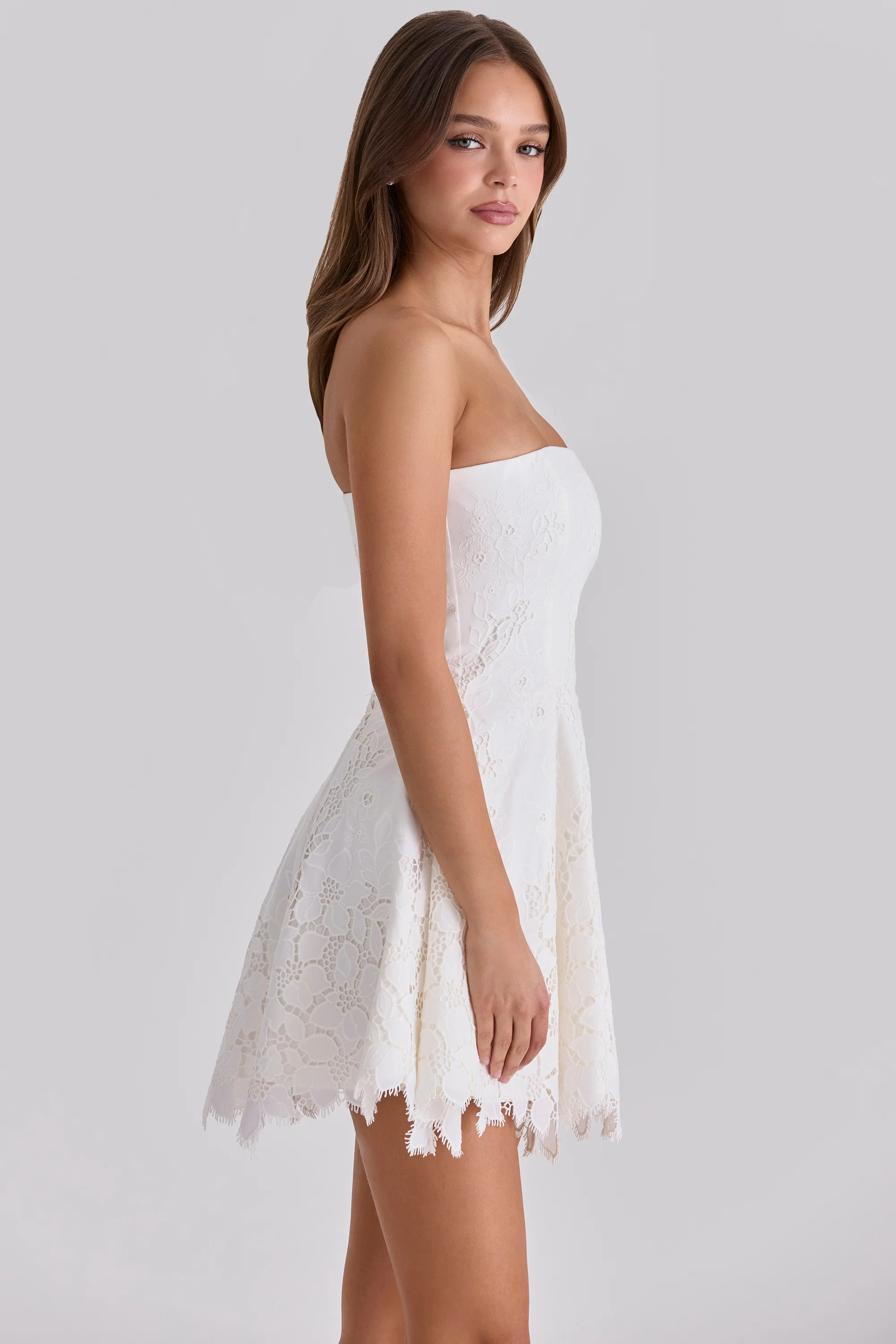 white strapless custom lace broderie anglaise mini dress - FASHION NOB