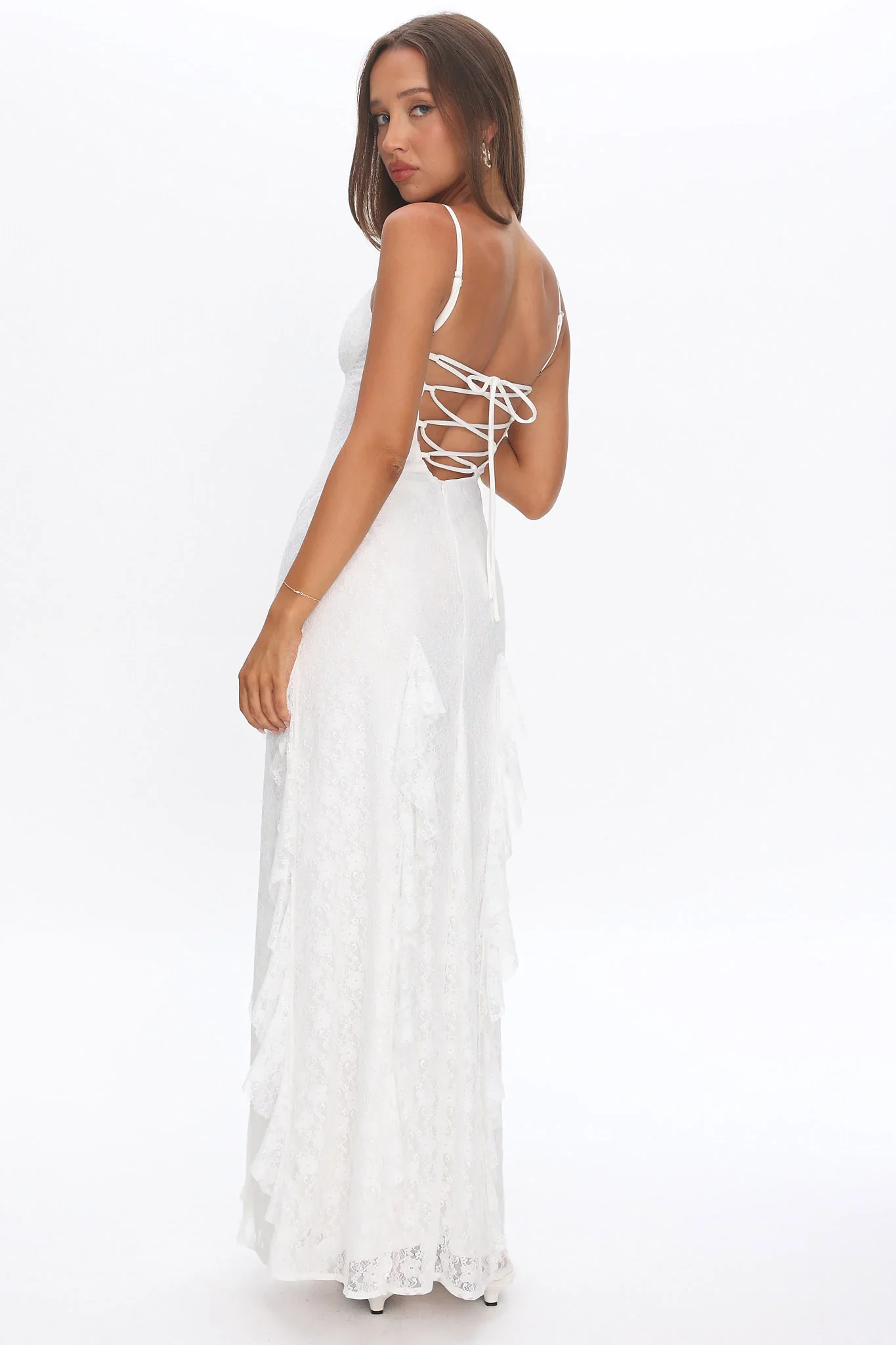 Onique Lace-Up Back Split Maxi Dress Lace White