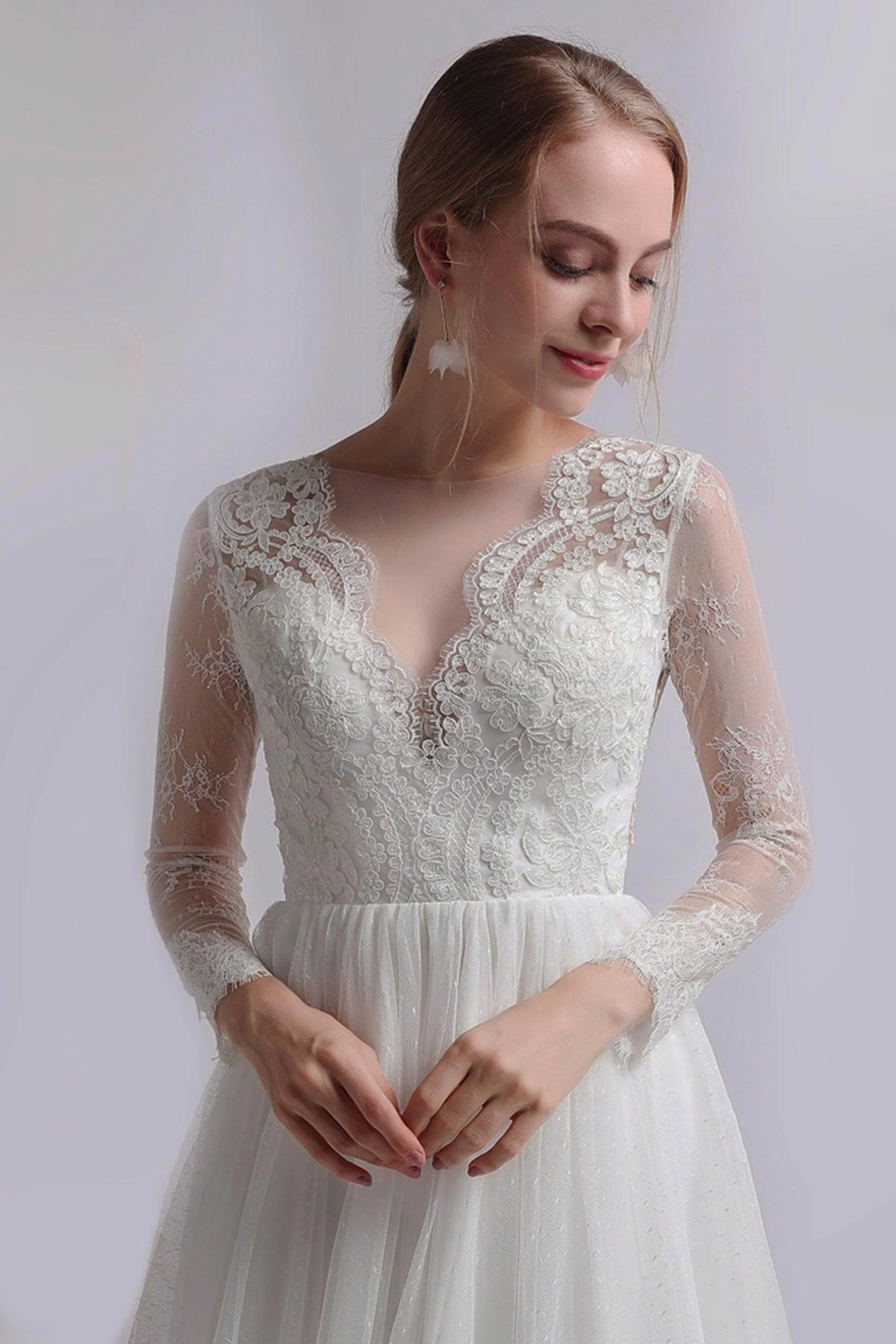 A-Line Ankle Length Lace Tulle Wedding Dress CW2734