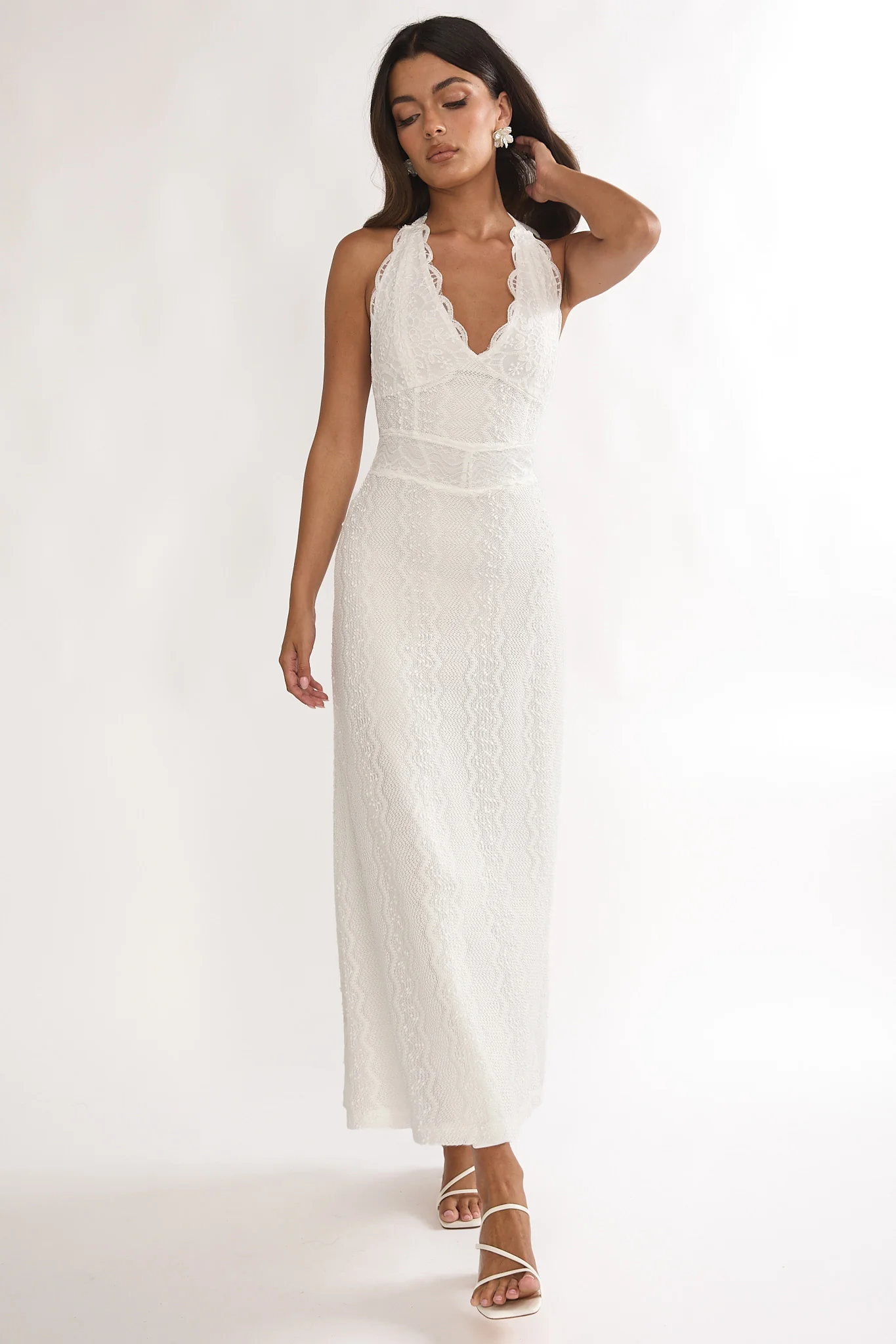 Beaucoup Lace Overlay Halterneck Maxi Dress Cream