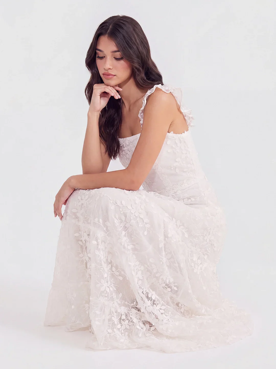 Tiered Vertical Lace Maxi Dress with Square Neckline
