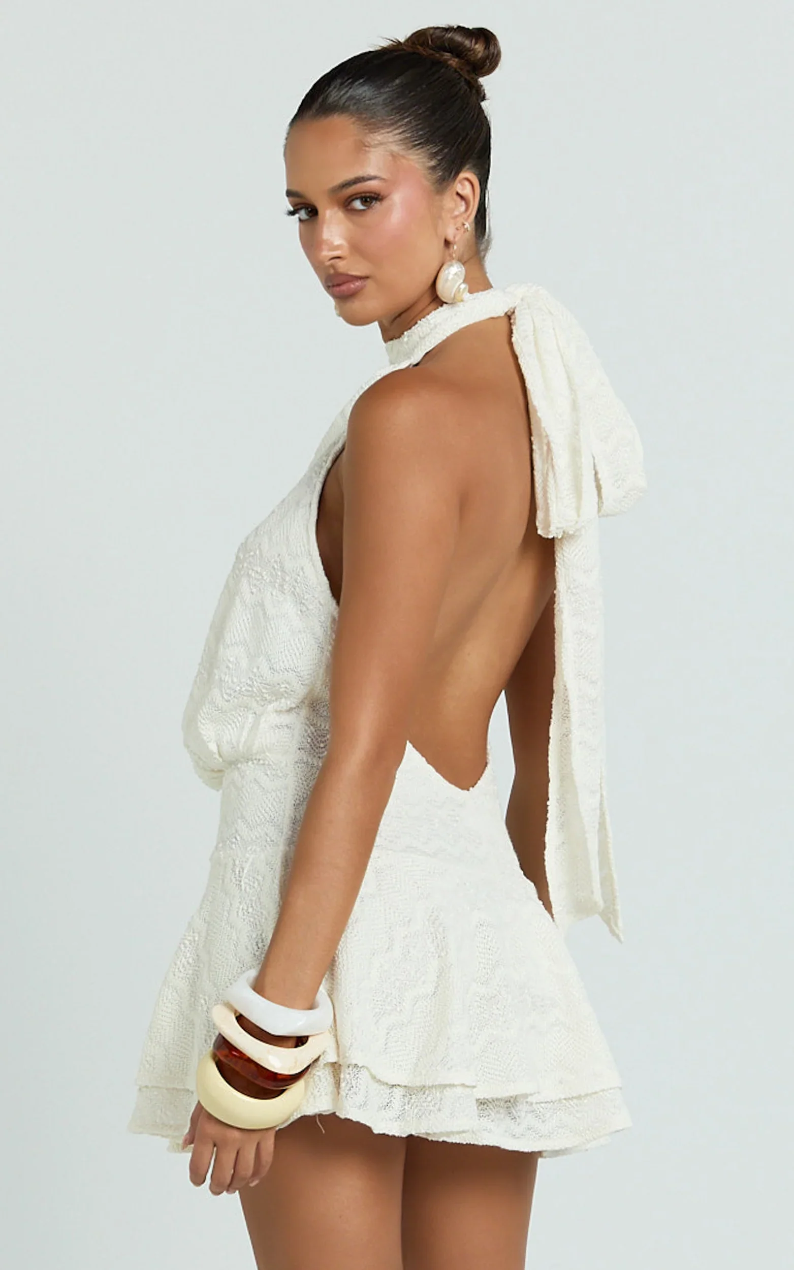 Bonnie Mini Dress - Backless Halter Drop Waist Dress in Ivory