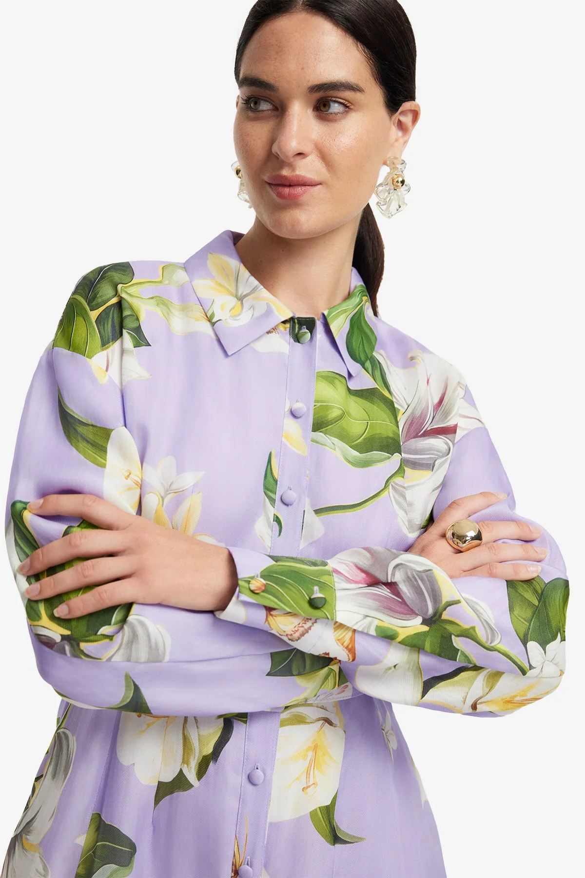 Josephine Silk Gown - Lily Blossom Print in Lilac