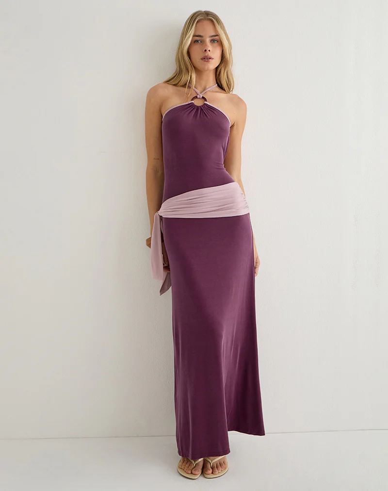 Moisa Maxi Dress in Cupro Deep Purple and Dusty Pink