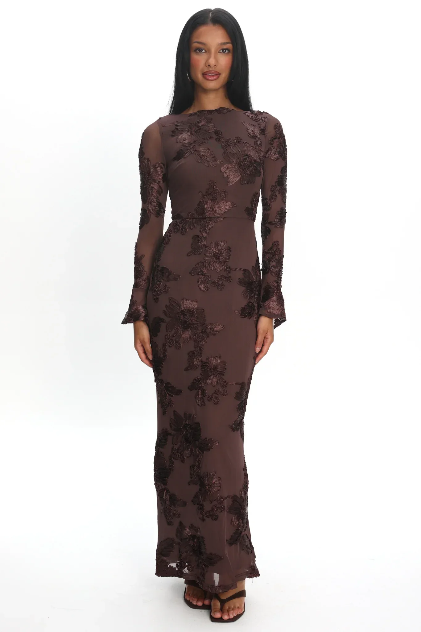 Helsi Long Sleeve Embellished Maxi Dress Brown