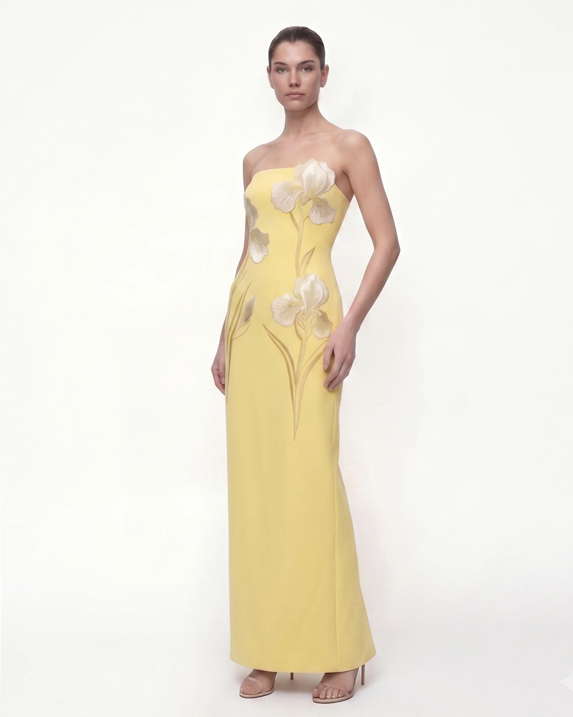Iris Embroidered Strapless Maxi Dress - Light Yellow