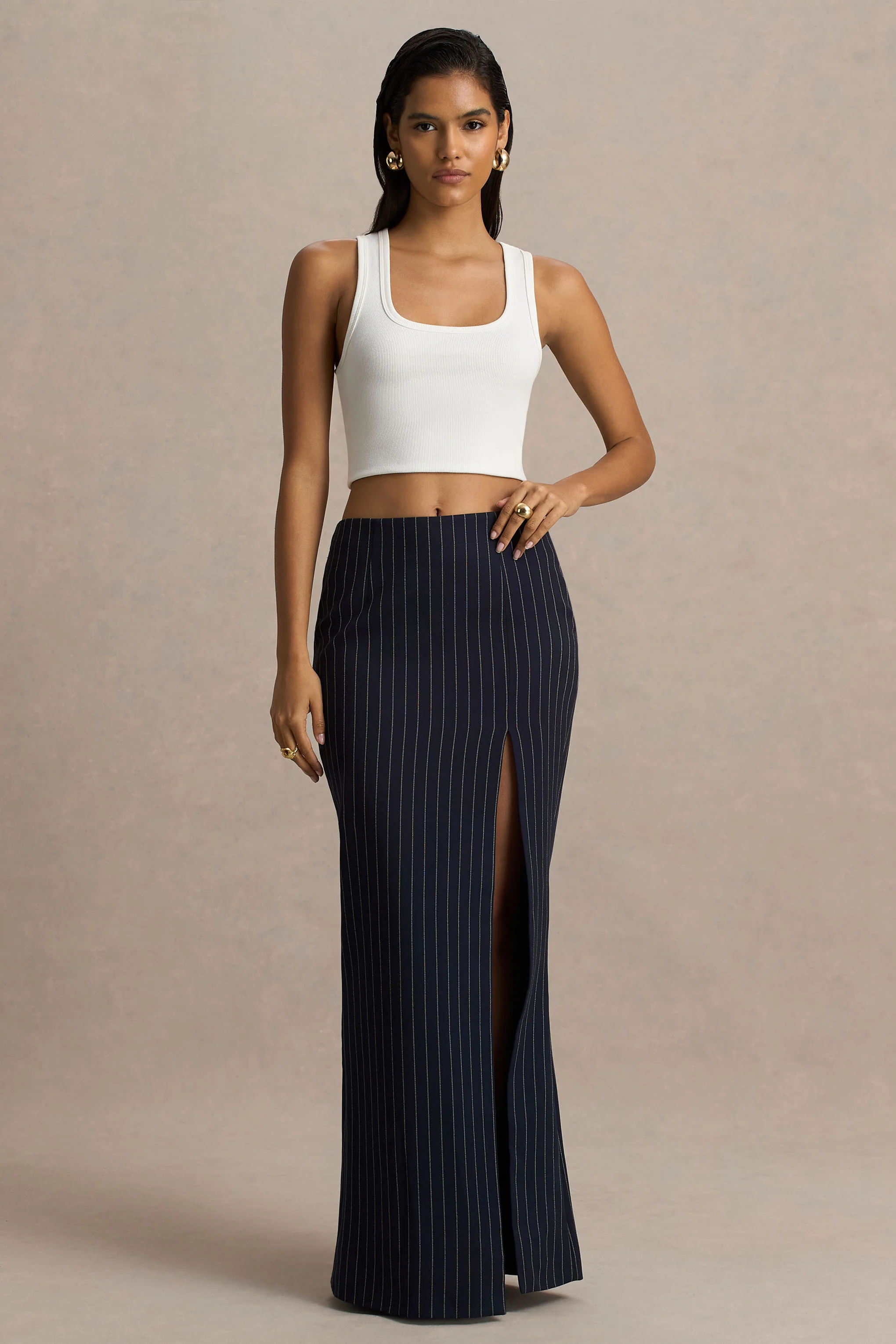 Elana | Navy Pinstripe Maxi Skirt With Front-High Split