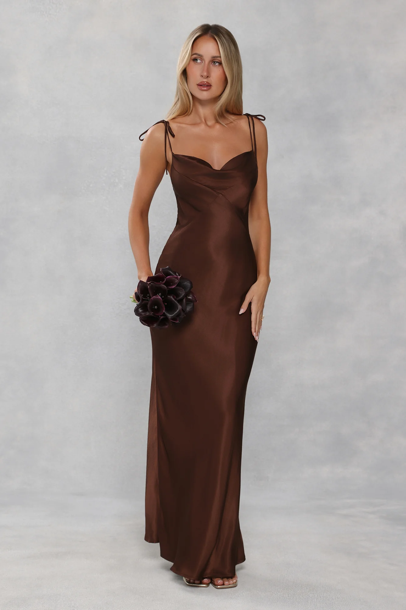 The Penelope Cowl Satin Maxi Dress Chocolate Brown