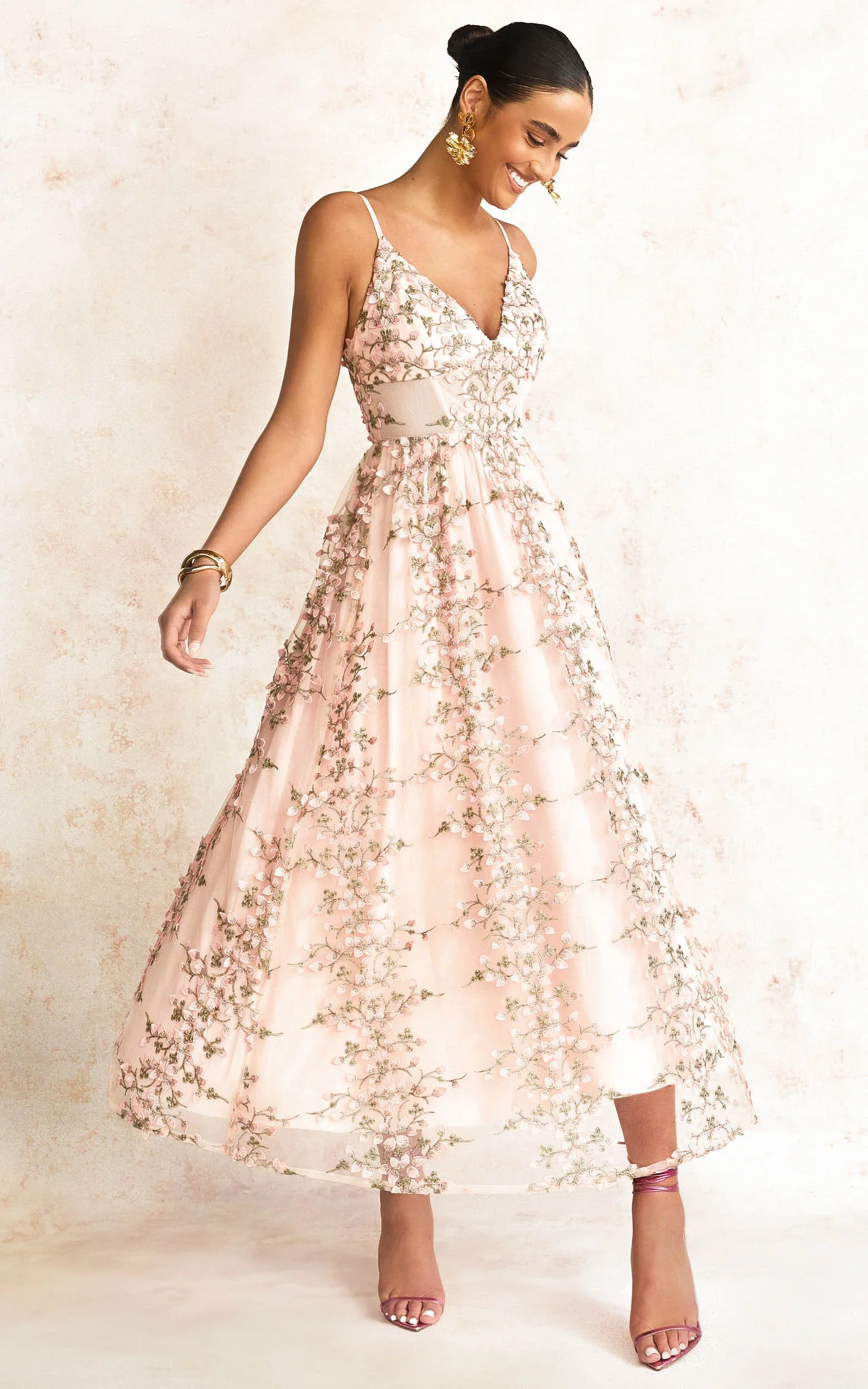 Amalie The Label - Lou V Neck Embroidered Tulle Midi Dress - In Blush