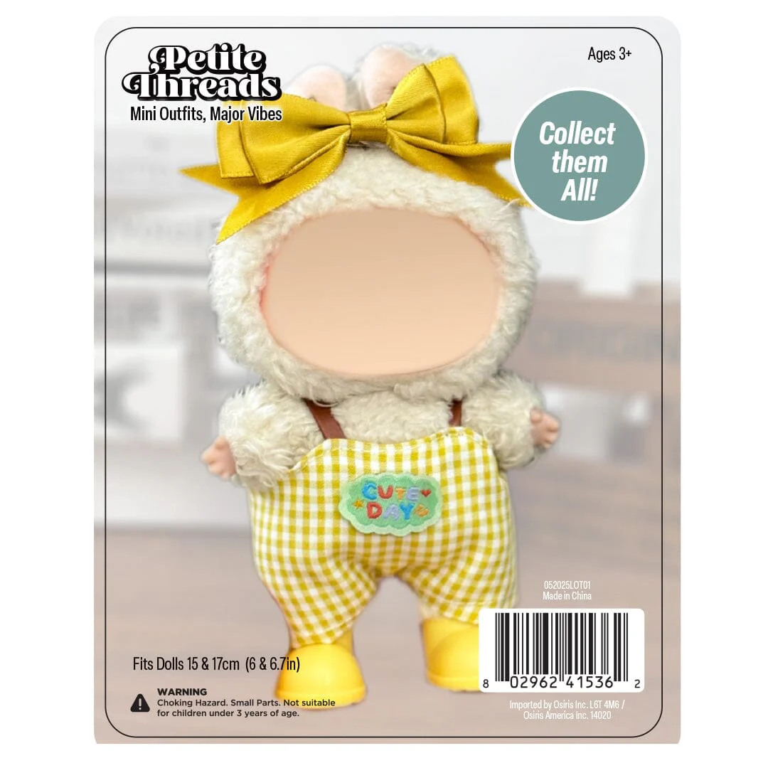 Outfit: Yellow Gingham Print Overalls & Bow for Dolls - Petite Threads