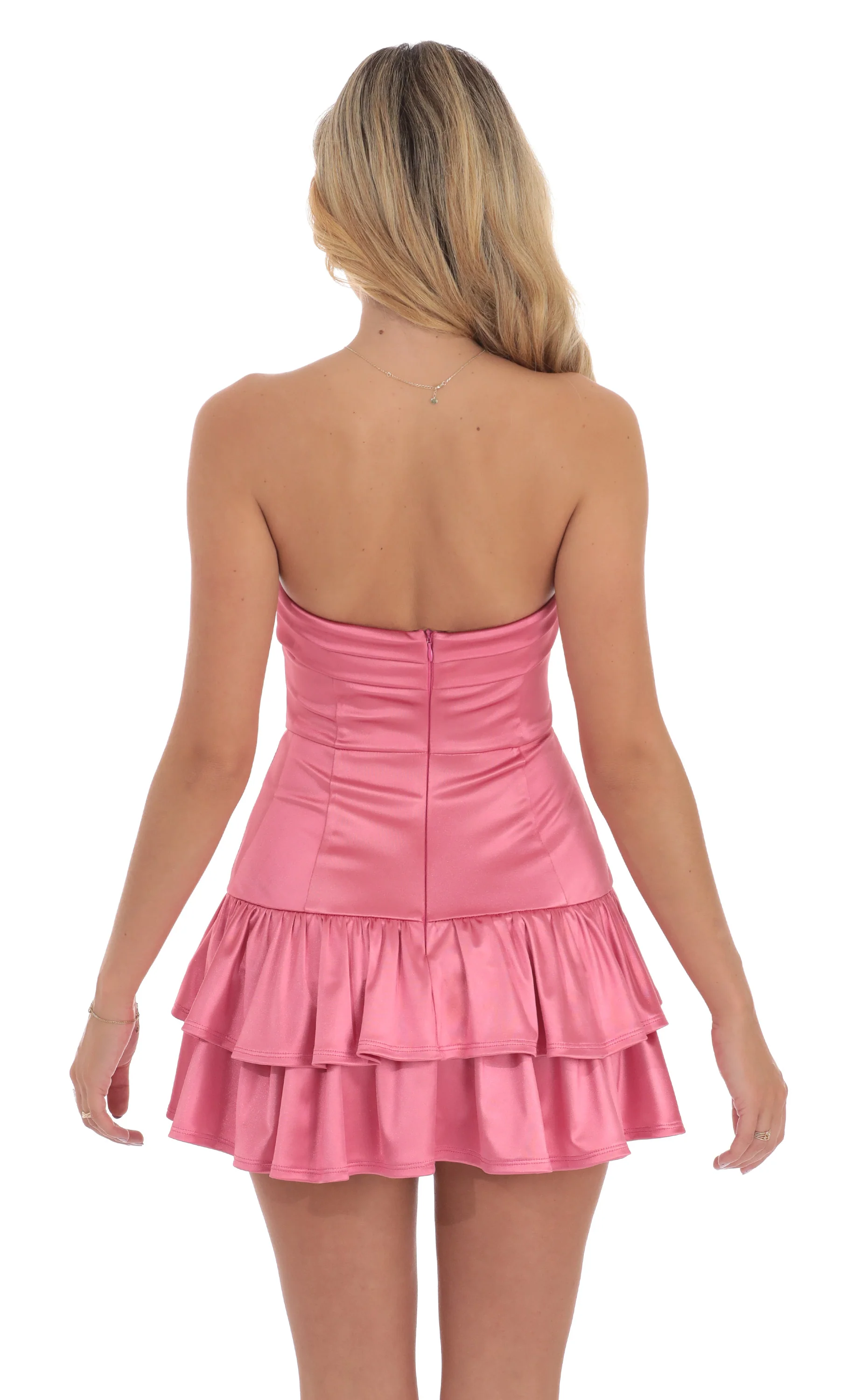 Satin Strapless Ruffle Dress in Pink