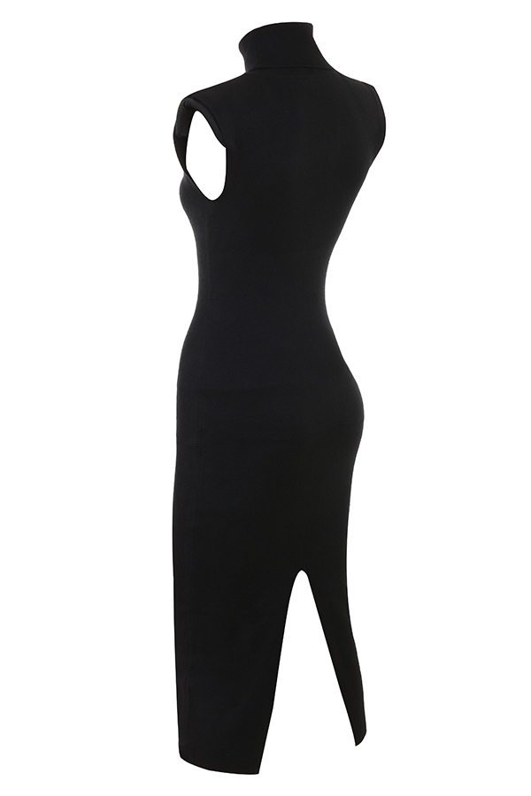 Black Cashmere Blend Turtle Neck Midi Dress