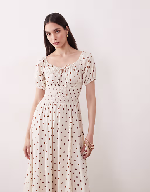 Esmée puff sleeve tie front maxi beach dress in cream & brown polka dot