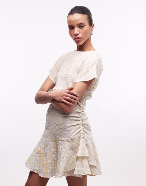 short sleeve mini dress with ruched tie waist detail in yellow plaid