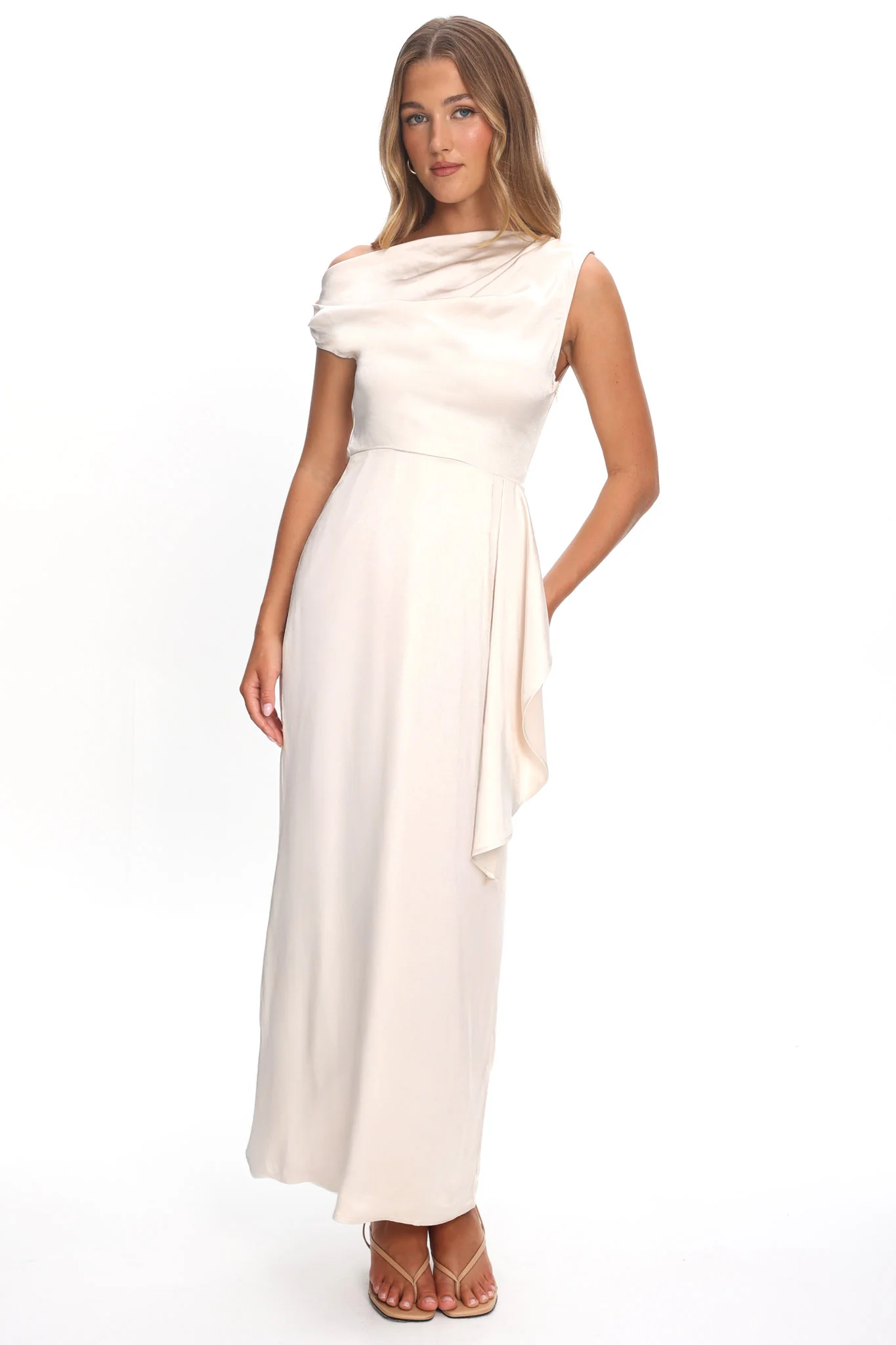 Tova Draped One-Shoulder Maxi Dress Champagne - luluinthesky