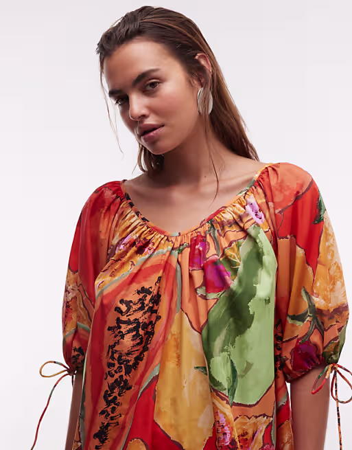 scoop neck poplin mini dress with tie sleeves in print