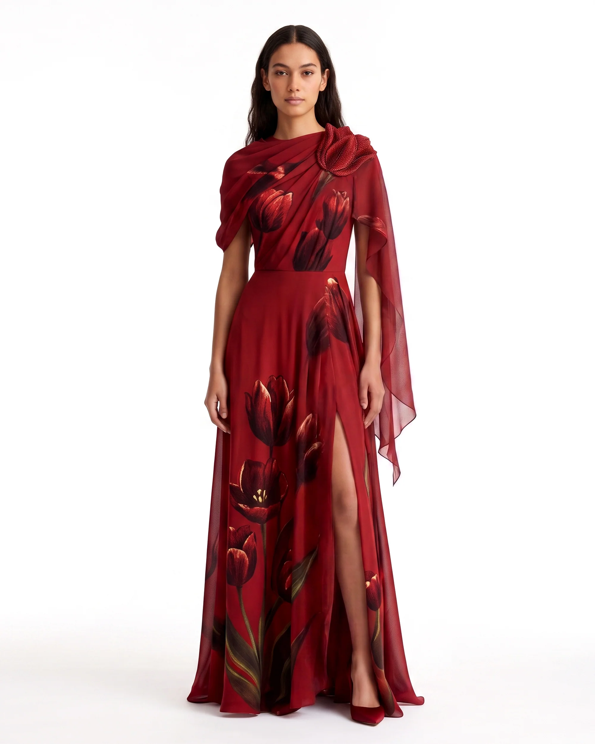 Tulip Floral Draped Cape Slit Maxi Dress - Burgundy
