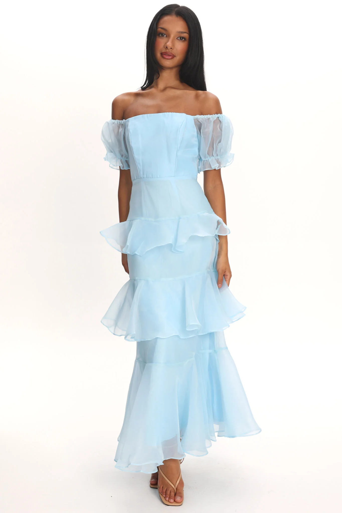 Delwynn Puff Sleeve Layered Midi Dress Blue