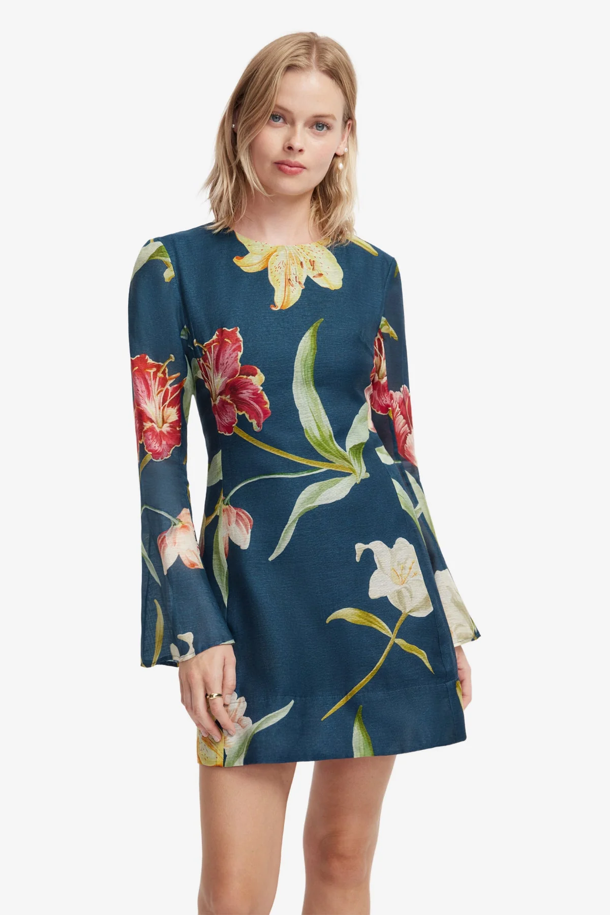 Suzanne Bell Sleeve Mini Dress - Lily Print in Indigo