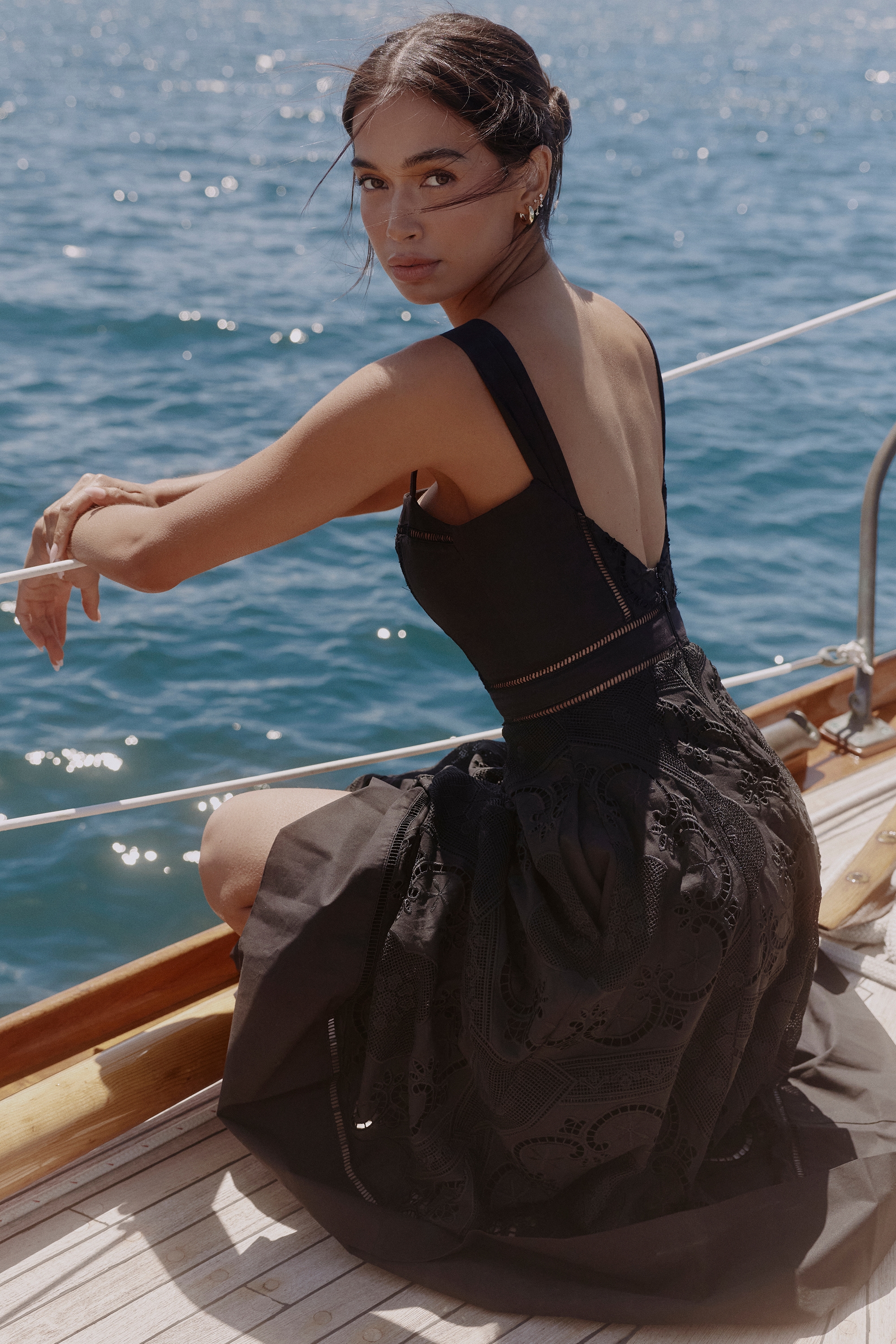 black cotton placement broderie anglaise midi dress