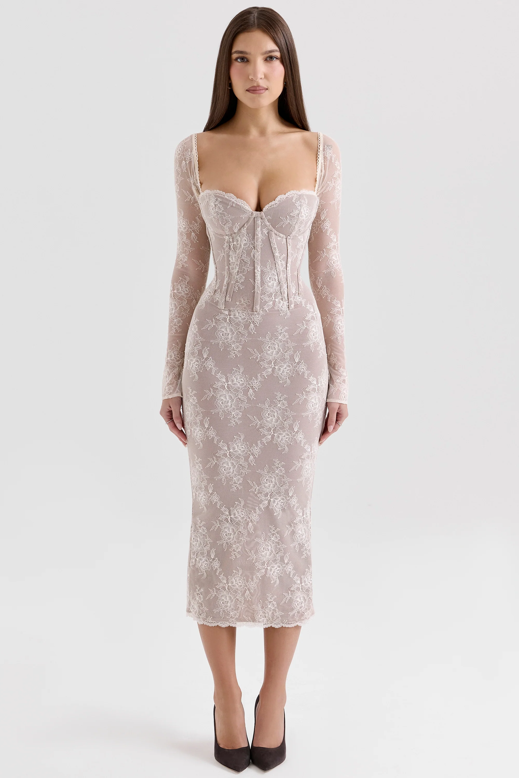 ivory lace long sleeve midi dress