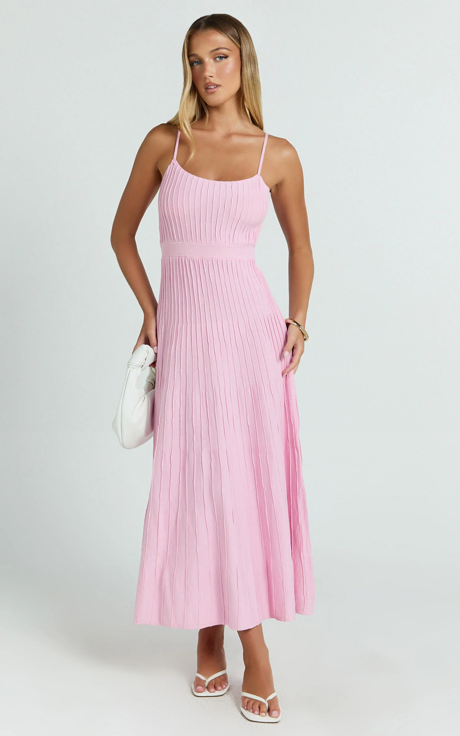 Donissa Midi Dress - Panelled Knit Dress in Pale Pink