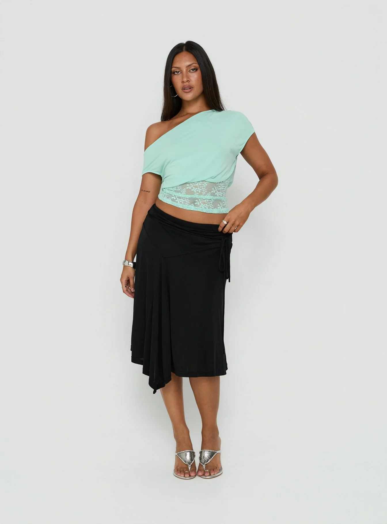 Marienna One Shoulder Lace Top Turquoise
