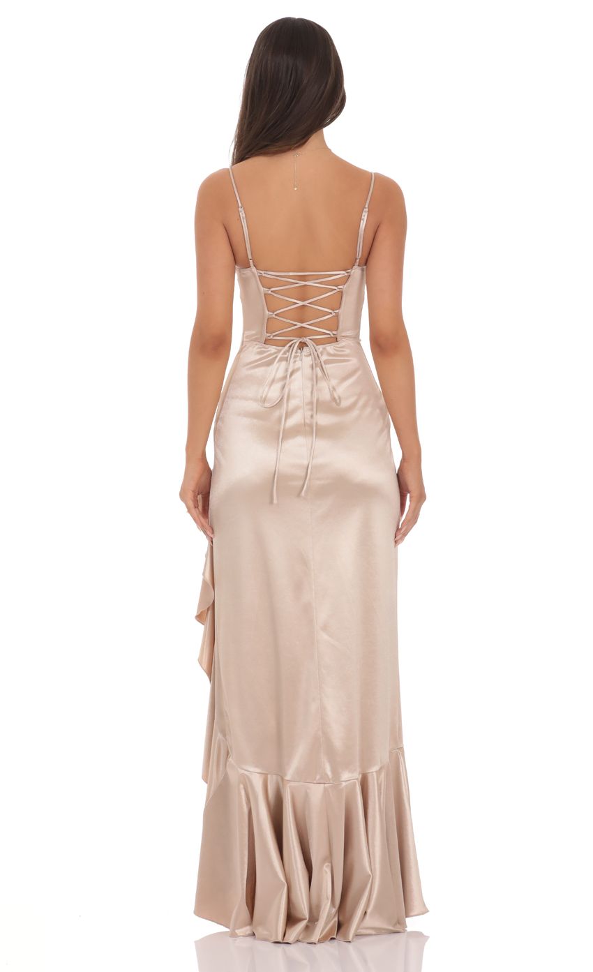 Satin Ruffle Maxi Dress in Champagne
