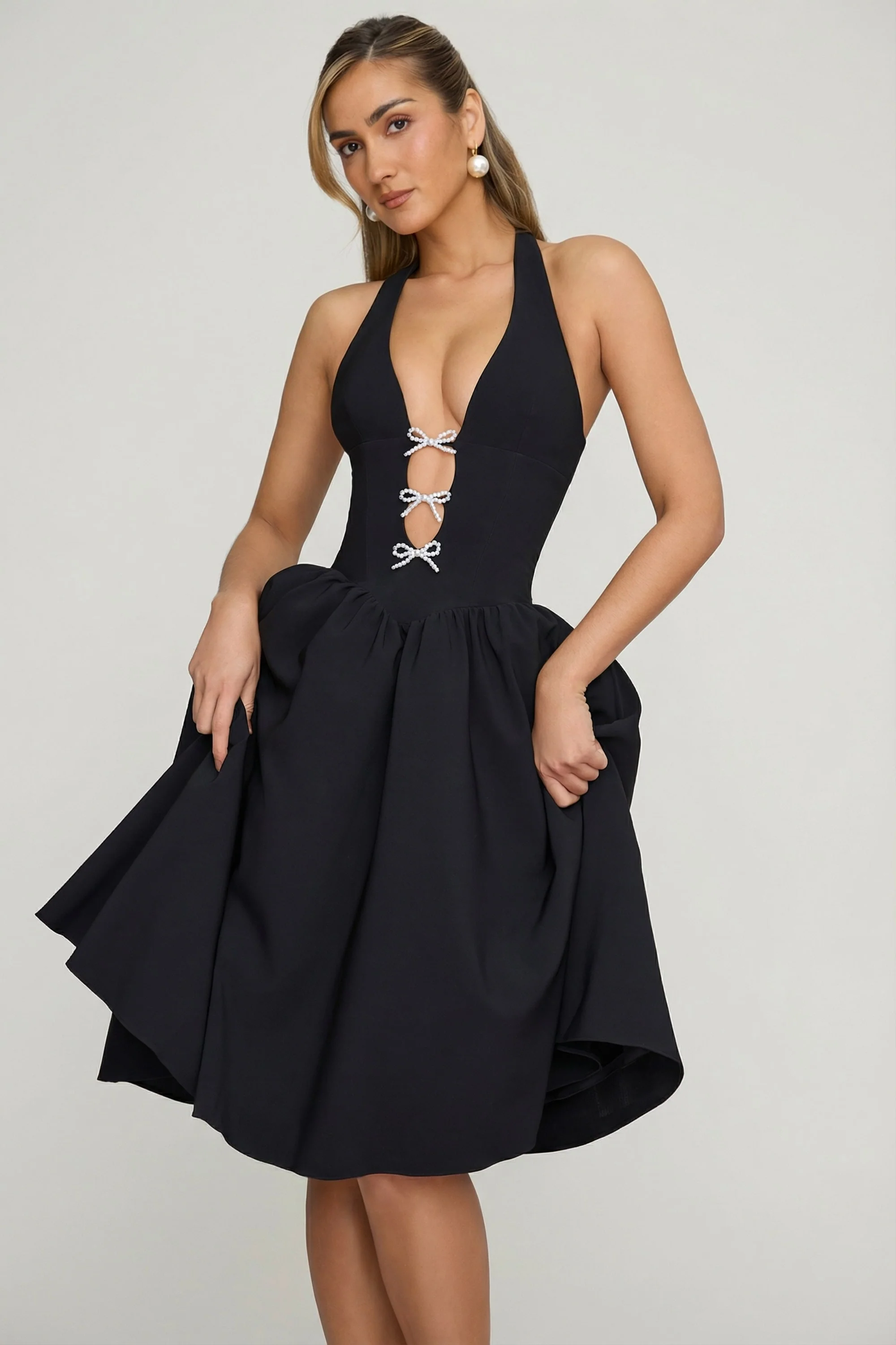 Halterneck Bow-Detail Midi Dress in Black