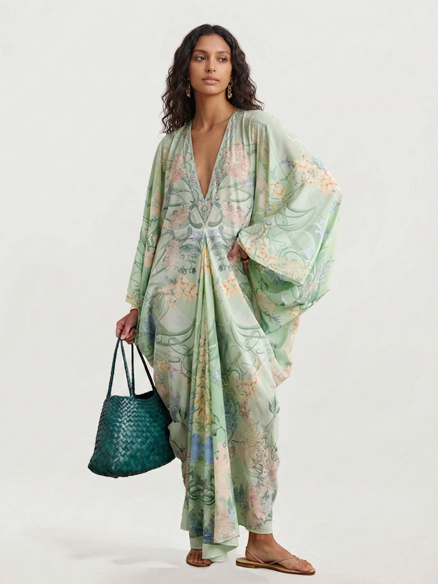 Green Floral Plunge Maxi Dress