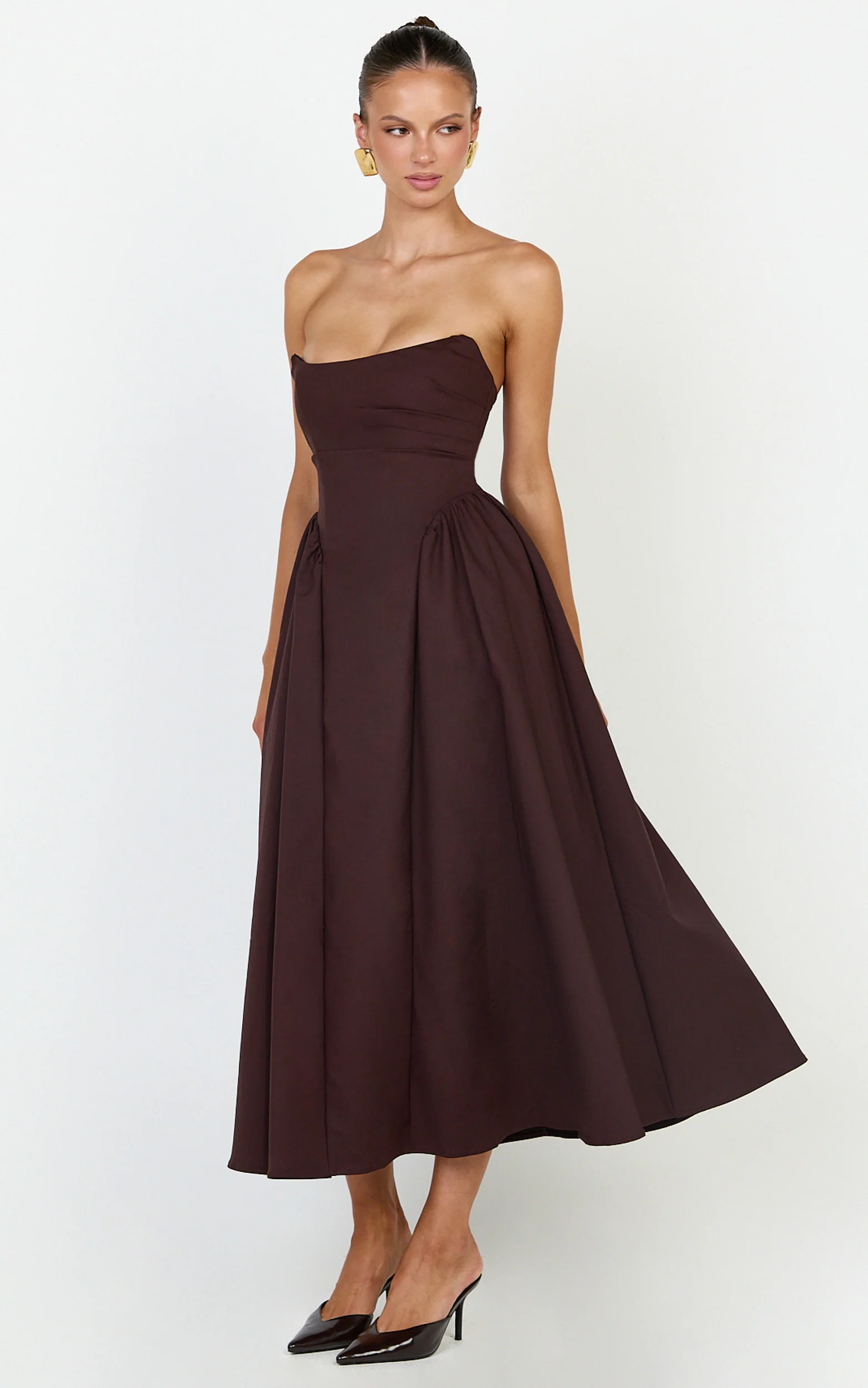 Amara Maxi Dress - Strapless Fit And Flare Dress in Chocolate