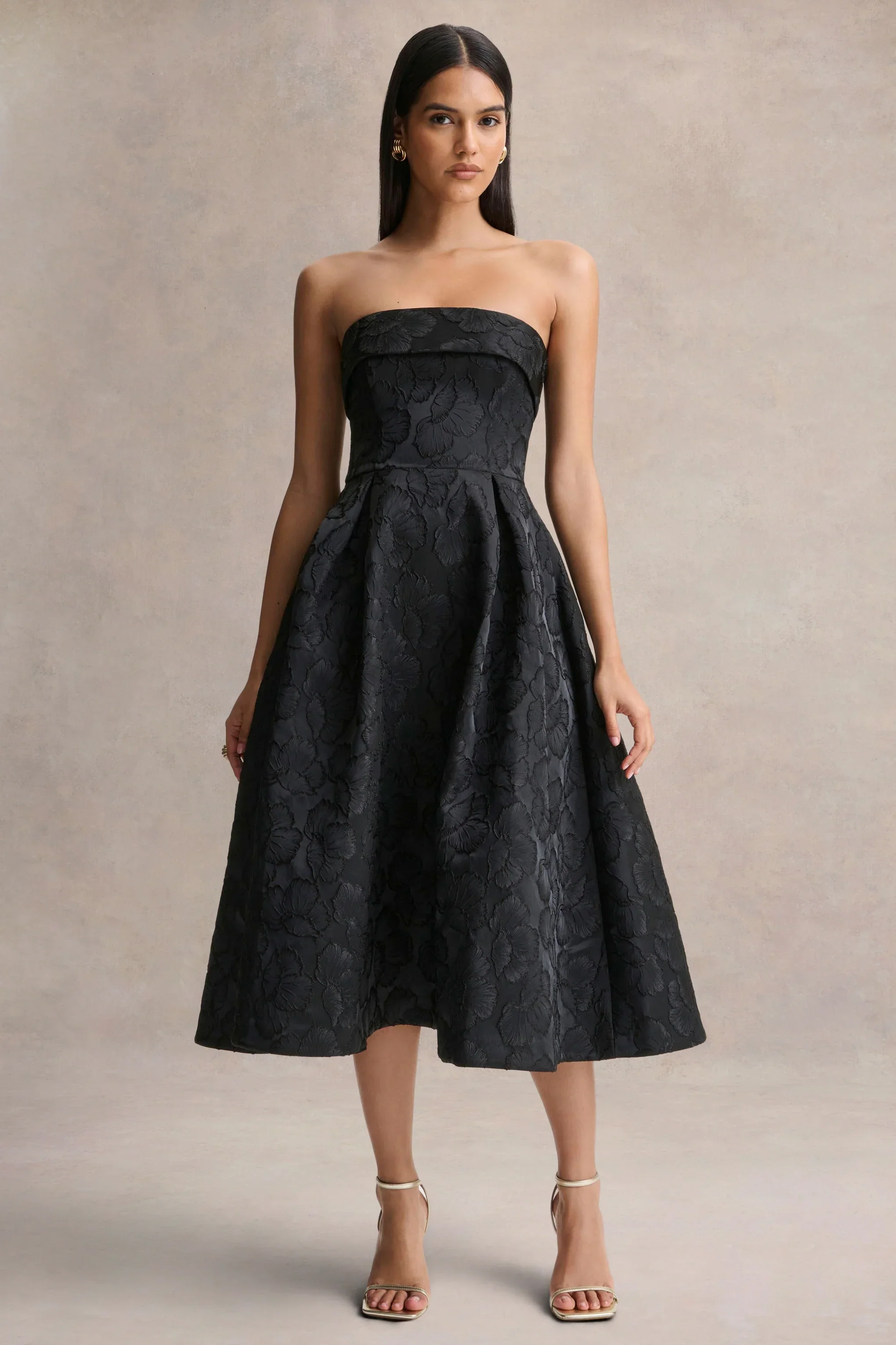 Zuma | Black Metallic Jacquard Strapless Midi Dress