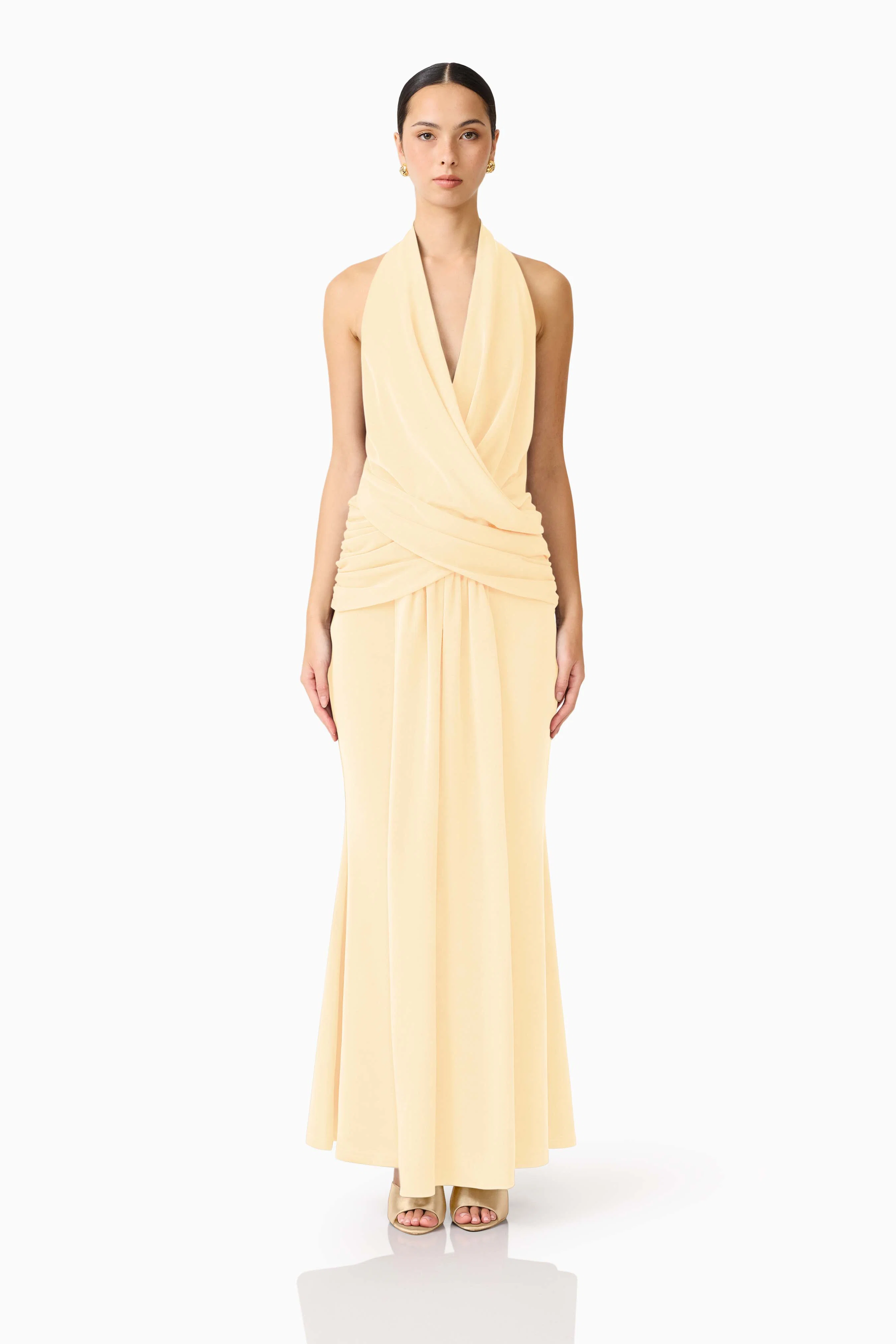 Simone Cowl Neck Gown in Butter Yellow