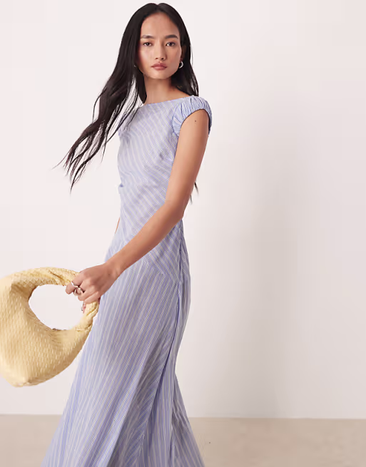 dropped waist midi dress with ruched cap sleeves in blue stripe - elegeleges