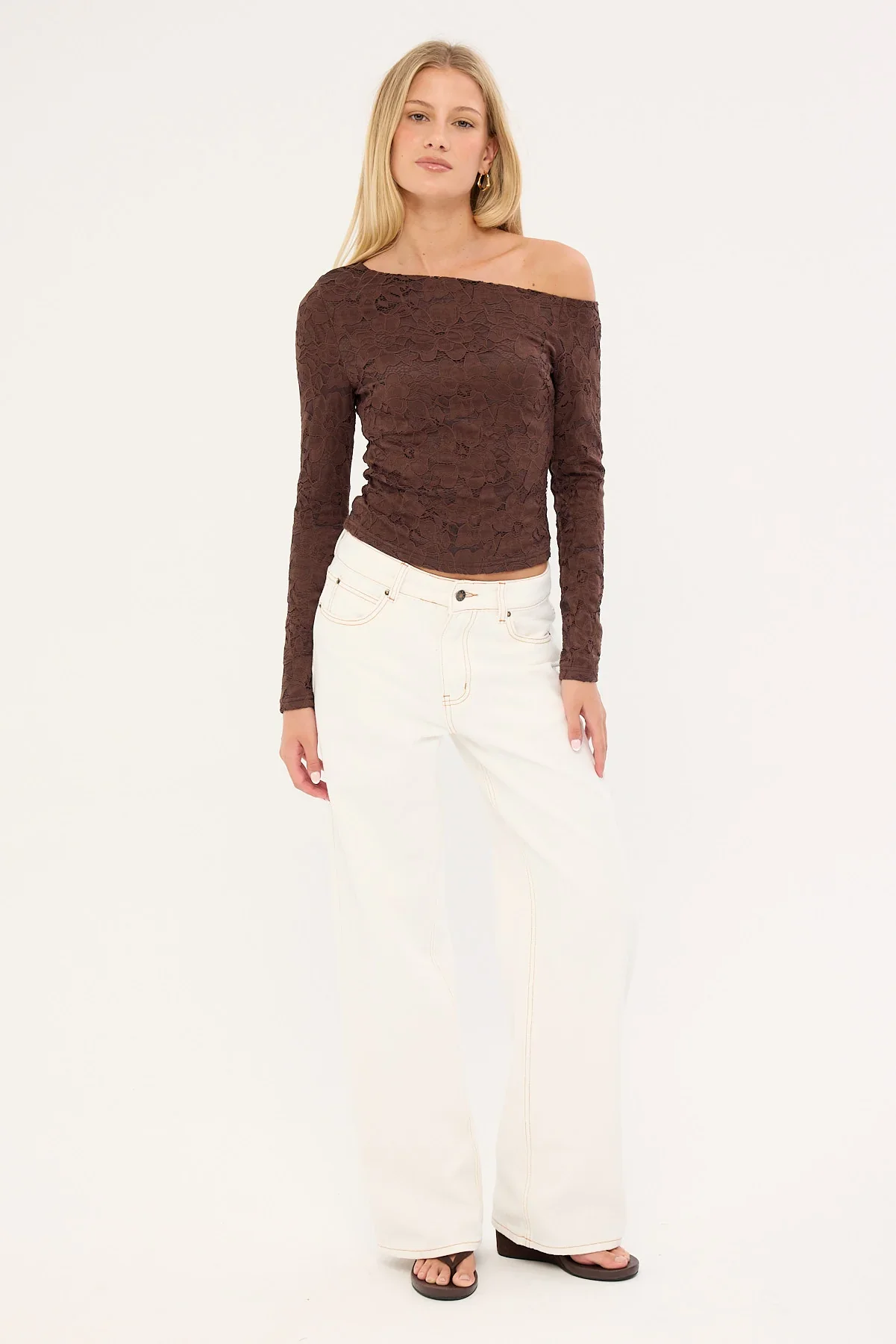 Luck & Trouble Solace Off Shoulder Long Sleeve Lace Top Brown