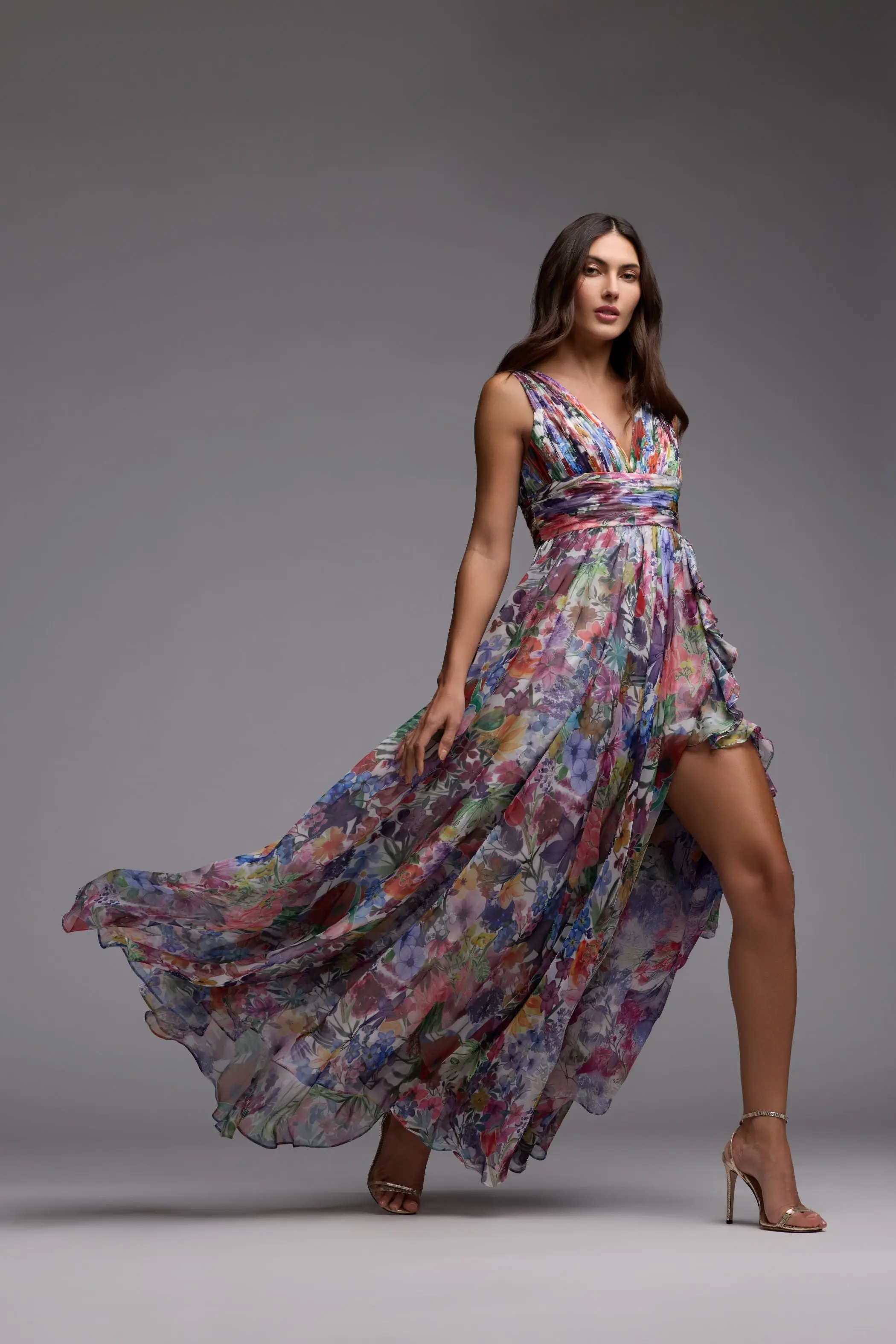 Multicolor Floral Chiffon Gown With Ruffle Slit - FASHION NOB