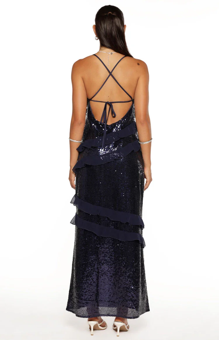 Inara Navy Sequin Ruffle Maxi Dress