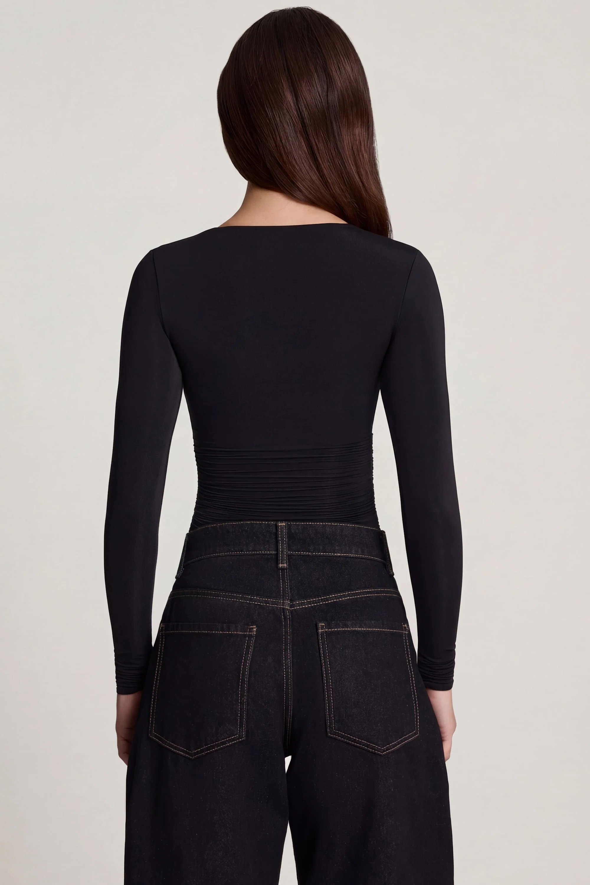 Soft Jersey Sweetheart Ruched Long-Sleeve Top in Black