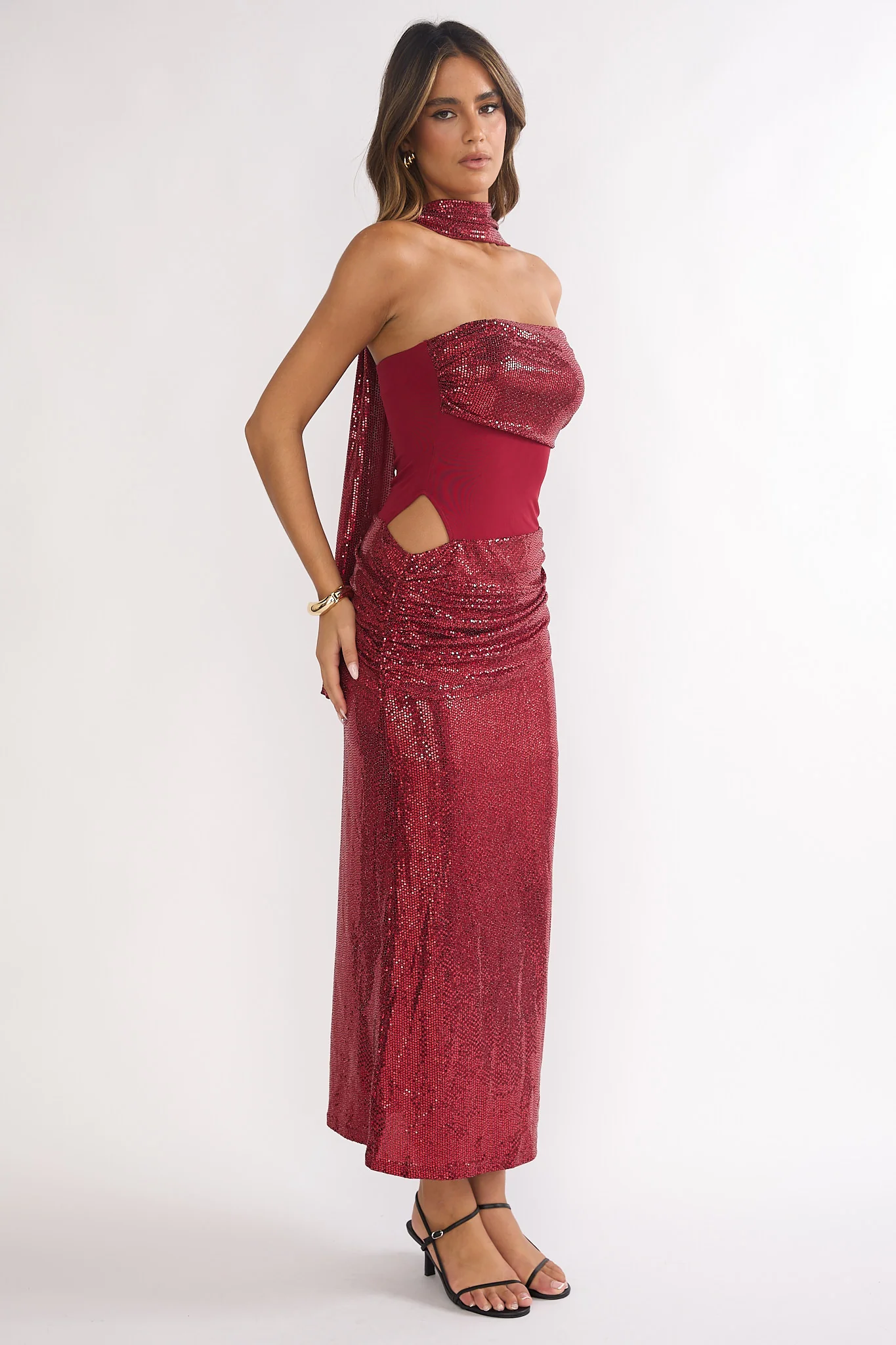 Seraphinna Strapless Cut-Out Maxi Dress Sequin Red