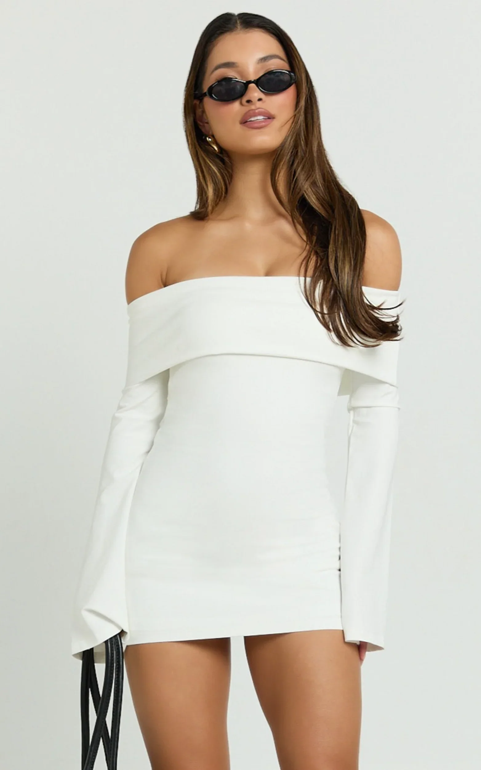 Esme Mini Dress - Off Shoulder Wide Sleeve Fitted Skirt Dress in Off White