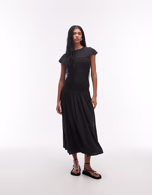 crew neck midi dress with popcorn shirred bodice in navy