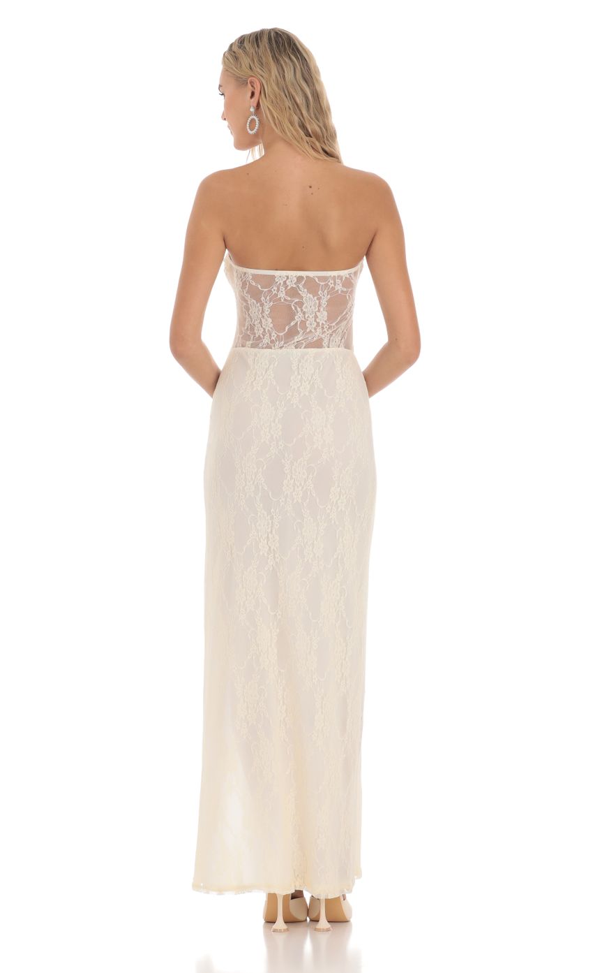 Lace Cutout Strapless Maxi Dress in Cream
