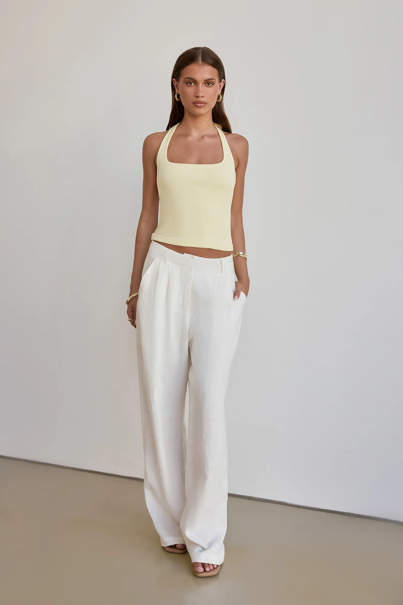 BASE Luxe Rib Simple Silhouette Halter Top Yellow