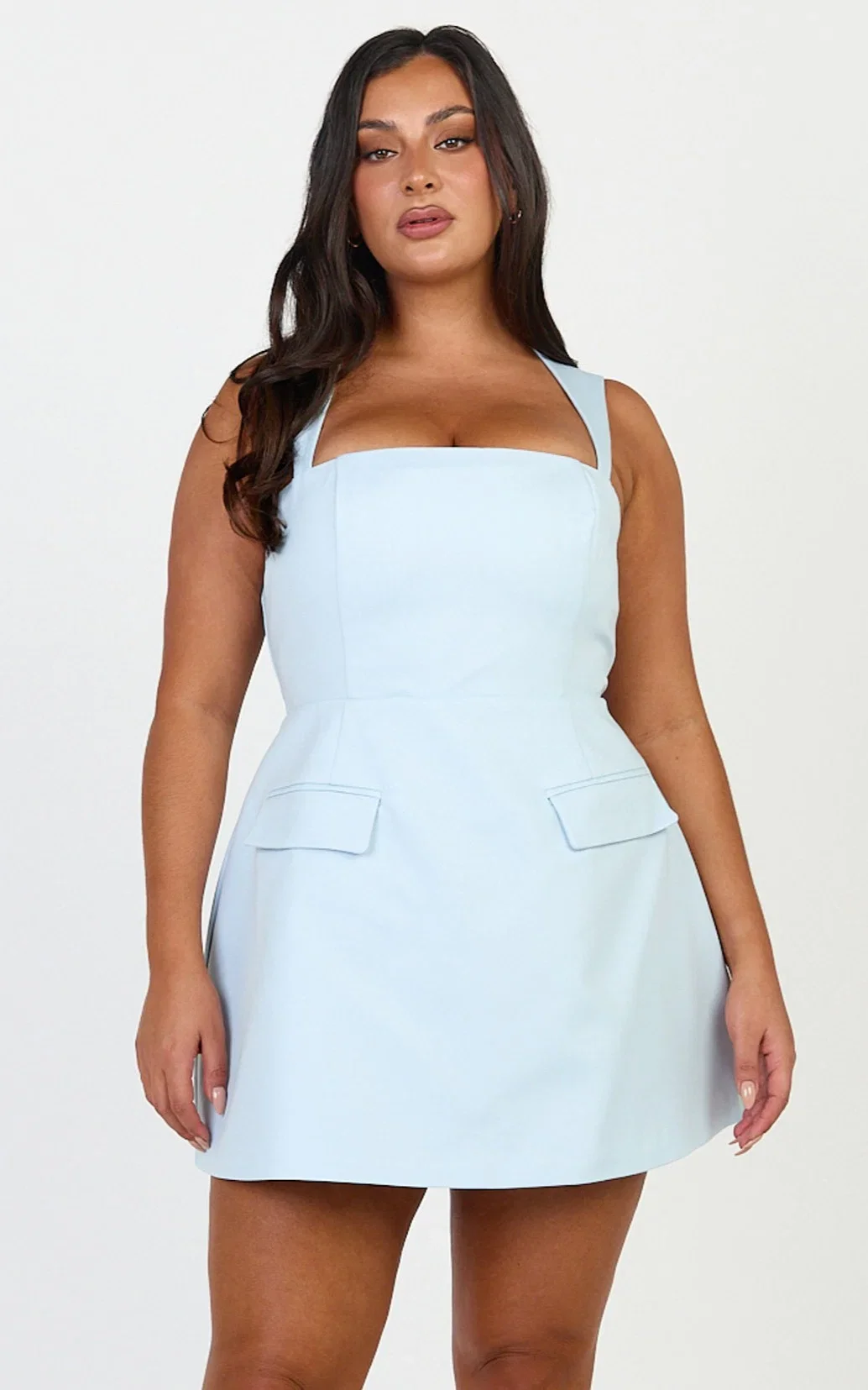 Garrett Mini Dress - Square Neck Fit And Flare Dress in Light Blue