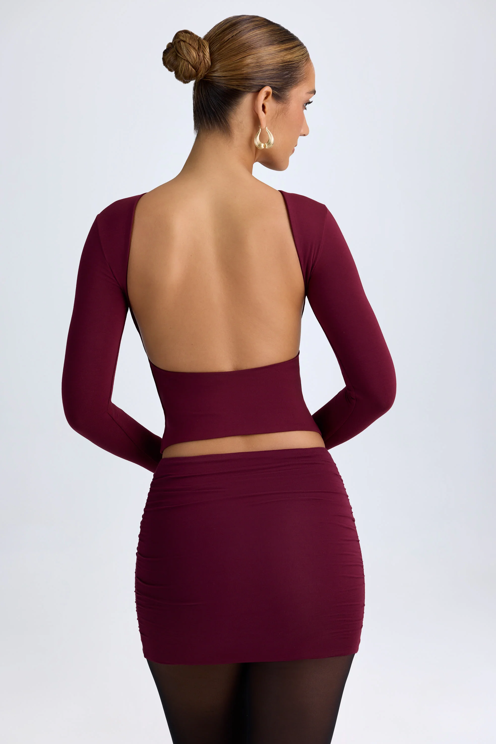 Modal High Neck Long Sleeve Open Back Top in Wine Red