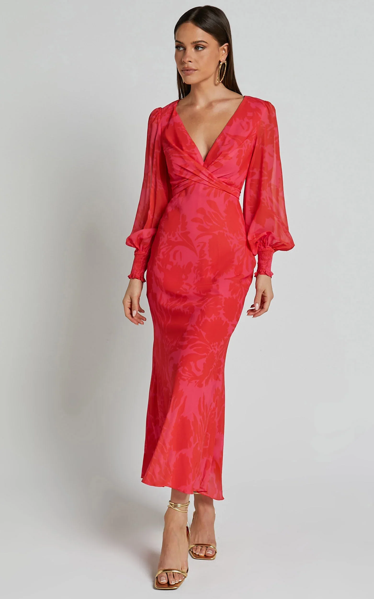 Claude Midi Dress - Deep V Neck Long Sleeve Slip Dress in Print