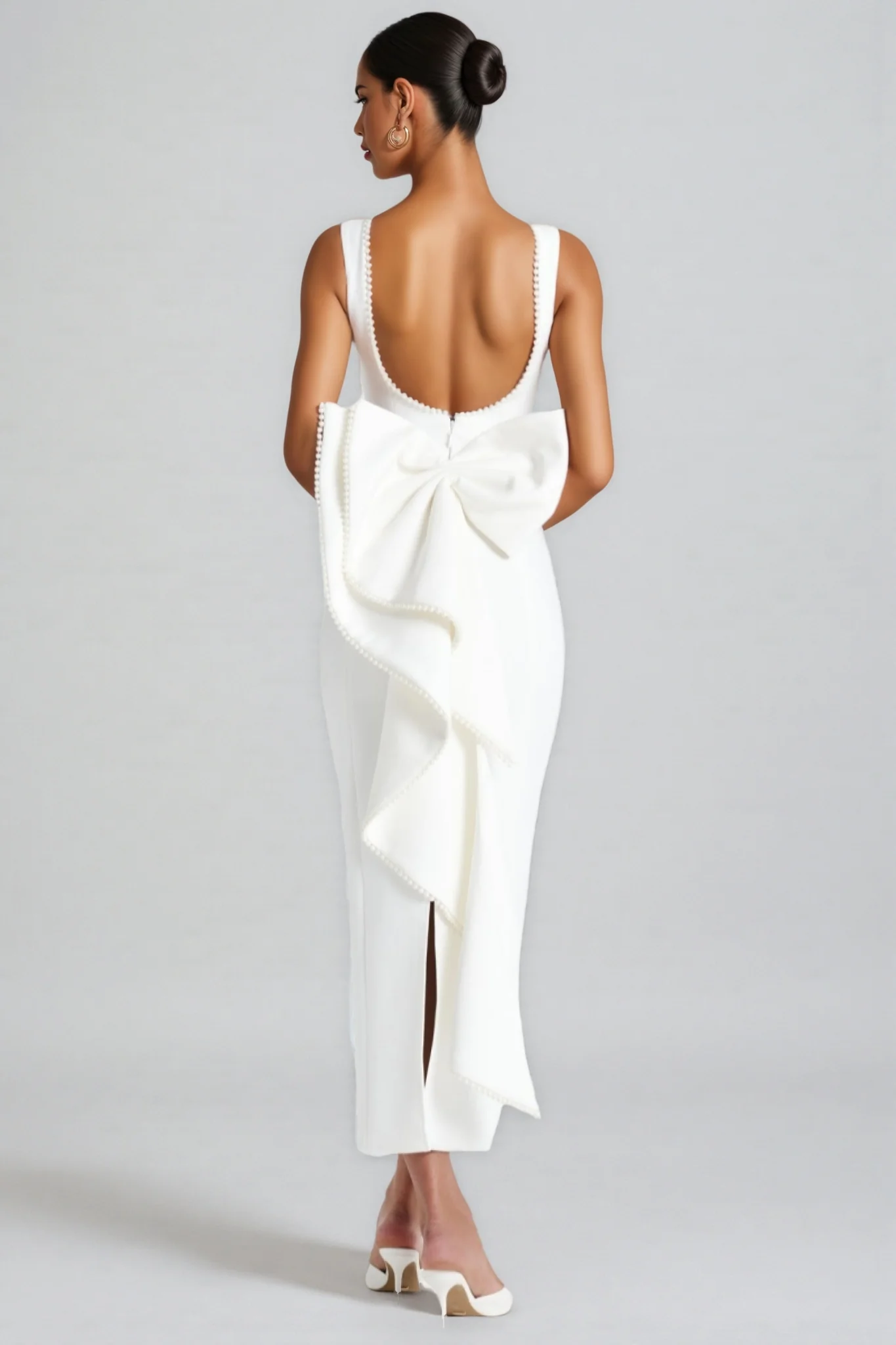 Jerres White Backless Pearl Ribbon Maxi Dress