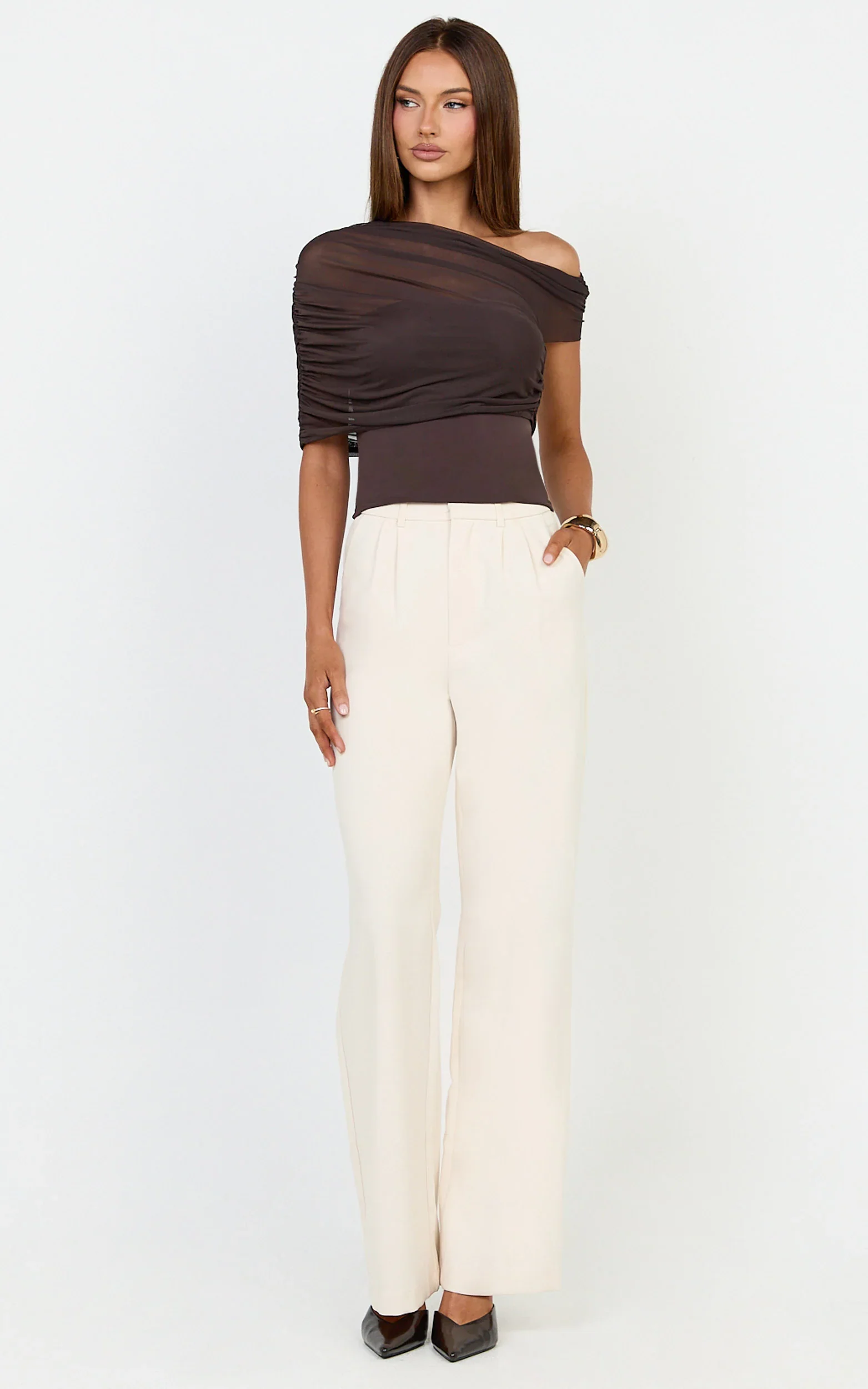 Sophia Top - Draped One Shoulder Mesh Overlay Top in Chocolate