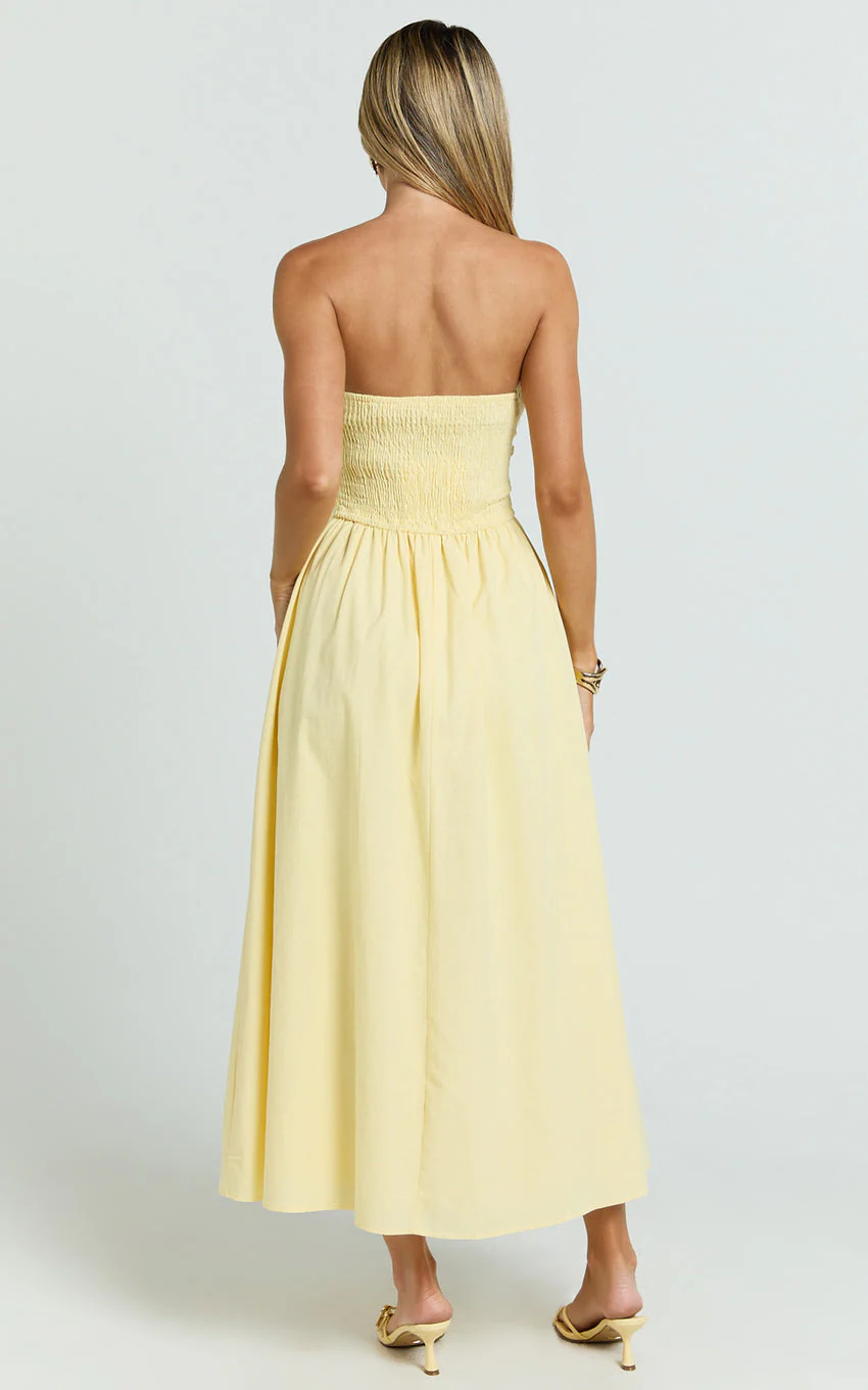 Polly Midi Dress - Strapless Ruched Dress in Lemon - luluinthesky