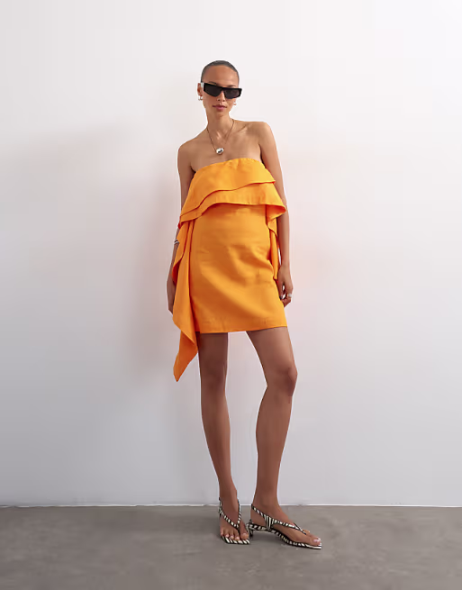 Topshop linen rich blend bandeau drape mini dress in orange